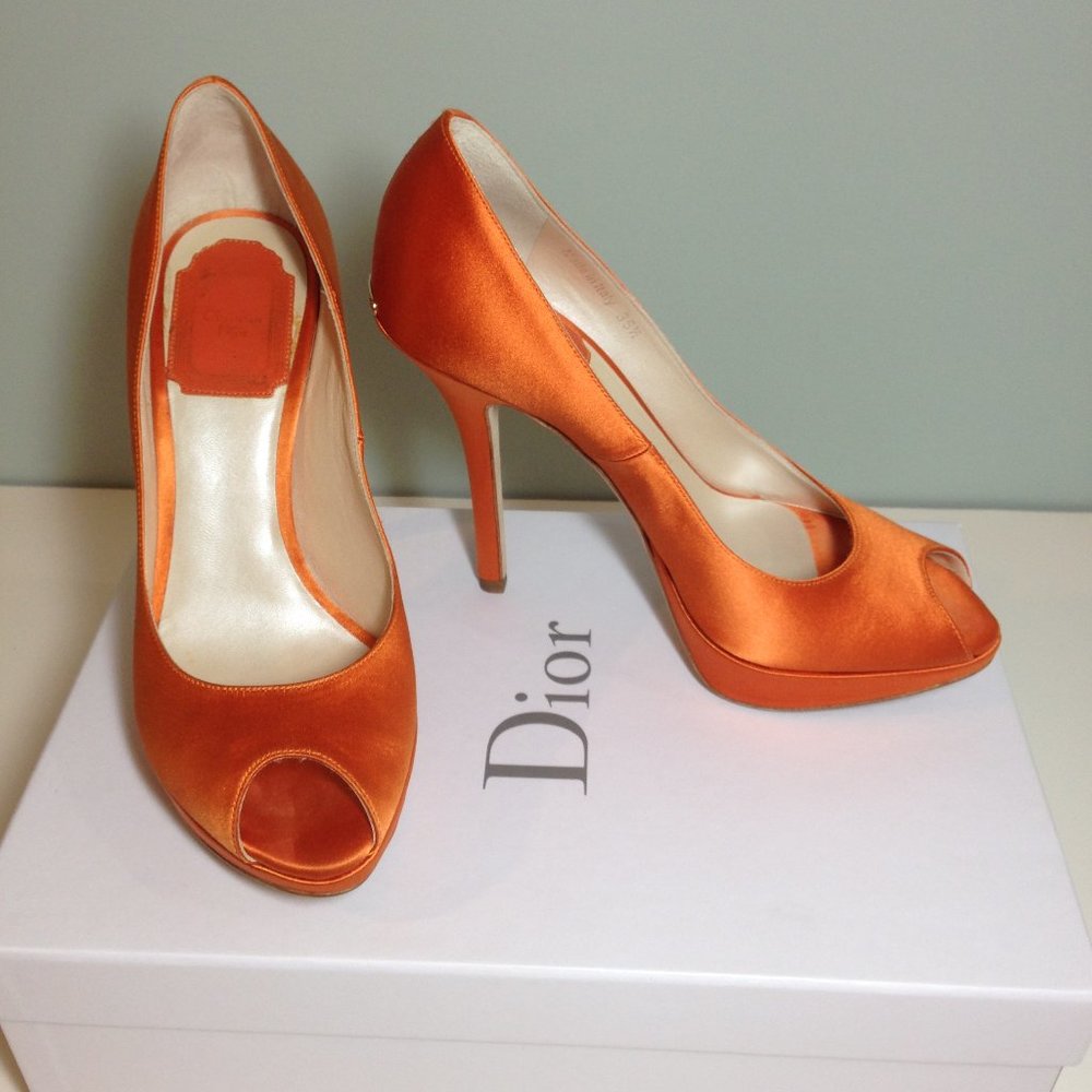 Authentic Dior satin/leather peep toe platform heels LIKE NEW